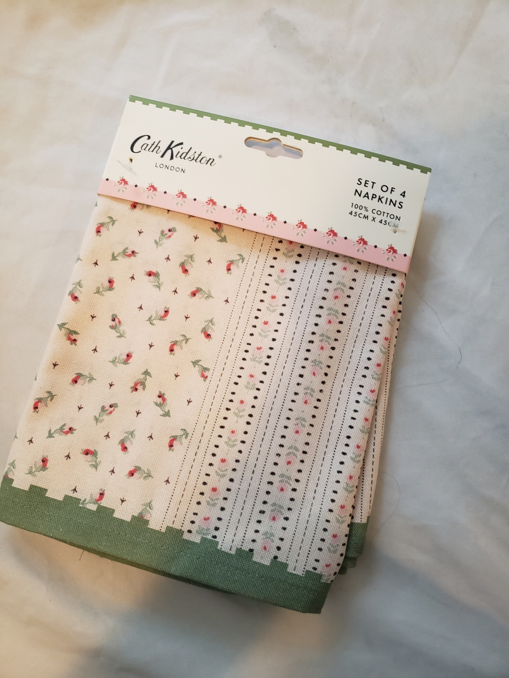 Cath Kidston Cream Napkin Set with Pink Floral and Green Trim